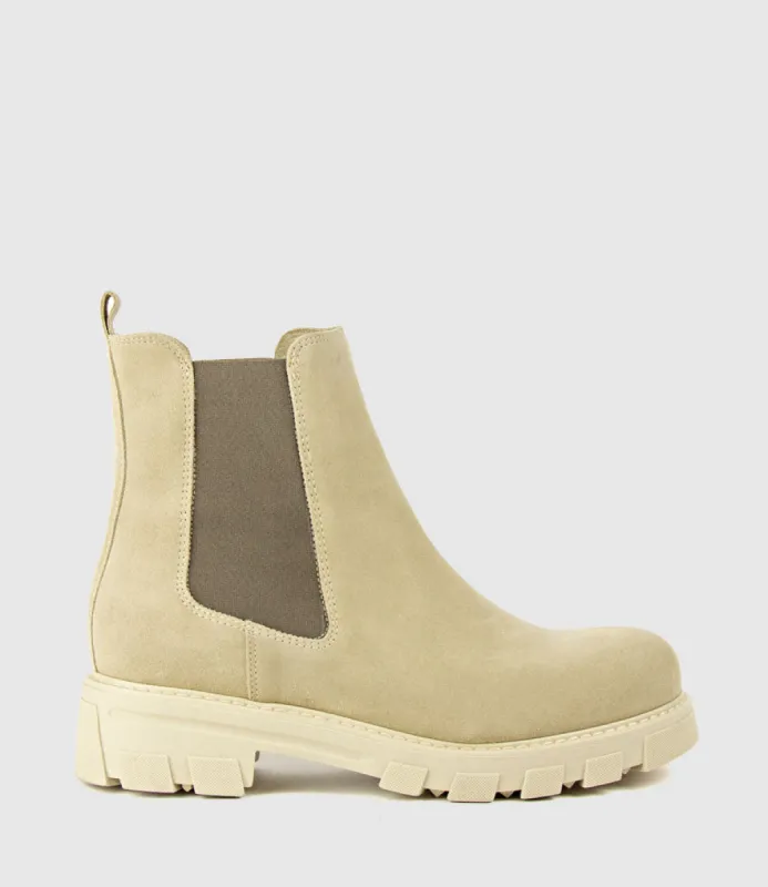 ASHLEY Chelsea Boot on Lug Sole in Sand Suede sold by Edward Meller