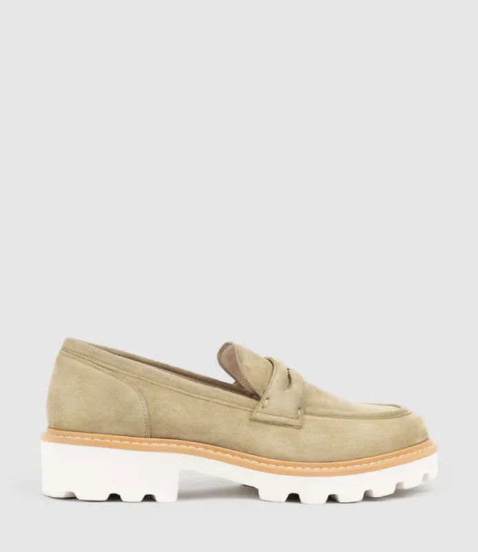 GASTON Moccasin in Camel Suede sold by Edward Meller