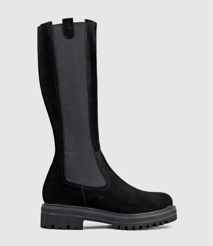 VERNE Knee High Boot with Gusset in Black Suede sold by Edward Meller