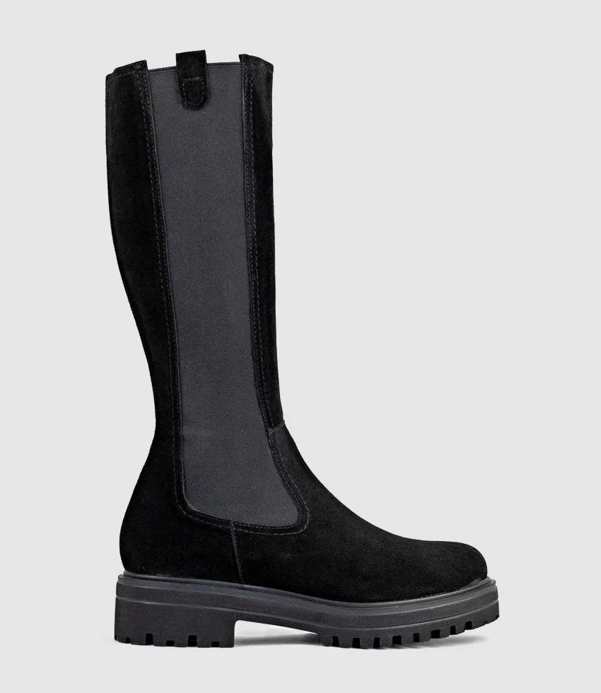 VERNE Knee High Boot with Gusset in Black Suede sold by Edward Meller