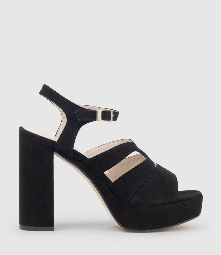 REYA100 Open Toe Platform Sandal in Black Suede sold by Edward Meller