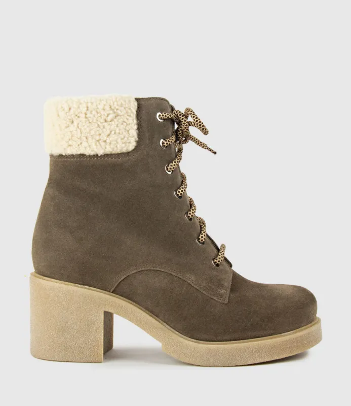 ZOOM Lace Up with Shearling in Stone Suede sold by Edward Meller