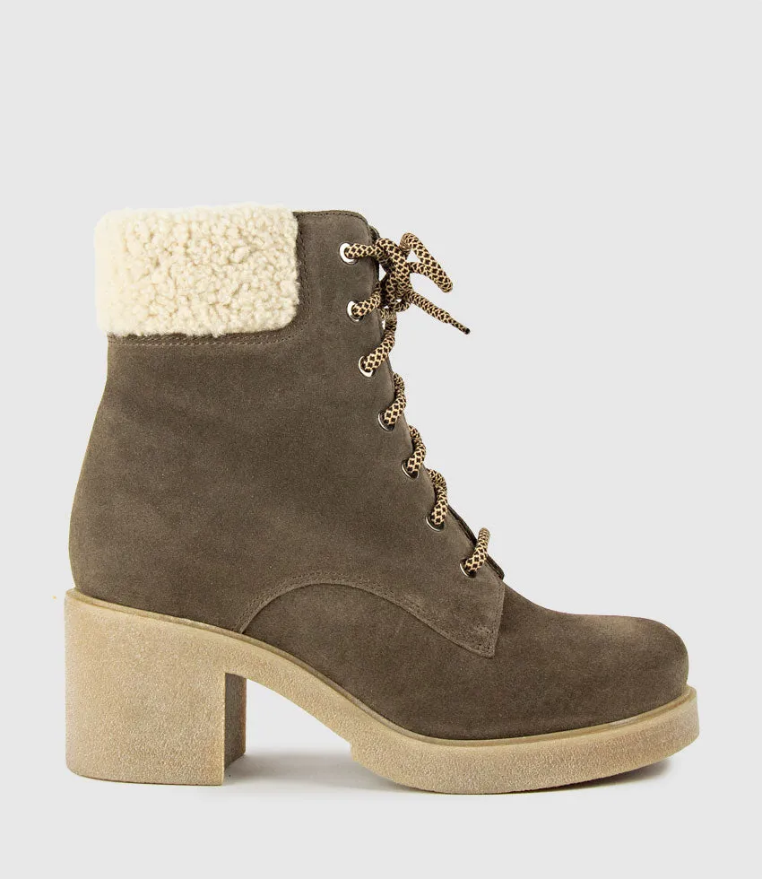 ZOOM Lace Up with Shearling in Stone Suede sold by Edward Meller