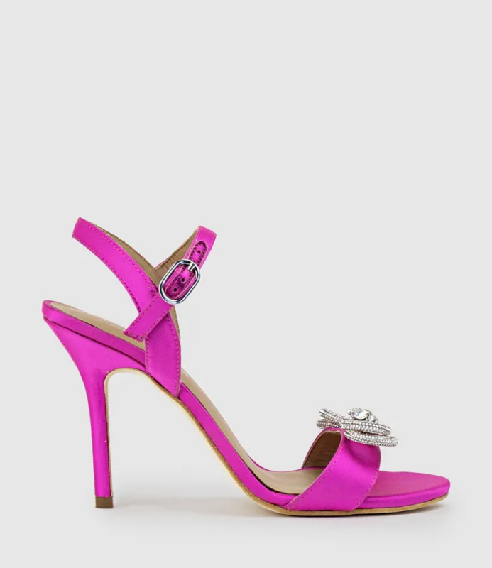 SERENE100 Sandal with Crystal Bow in Hot Pink Satin sold by Edward Meller