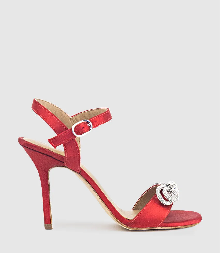 SERENE100 Sandal with Crystal Bow in Red Satin sold by Edward Meller