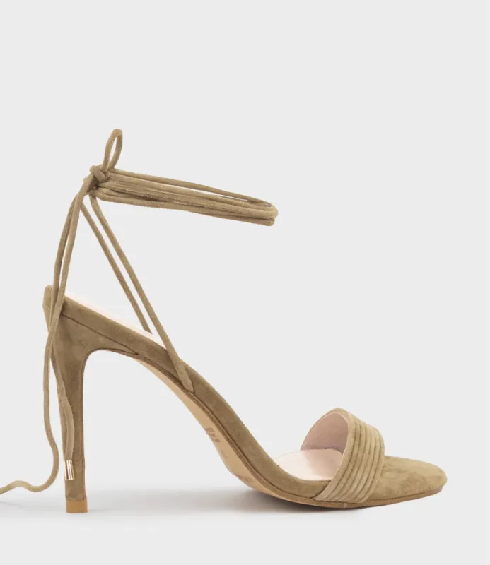 WISTERIA100 Ankle Tie Sandal in Camel Suede sold by Edward Meller