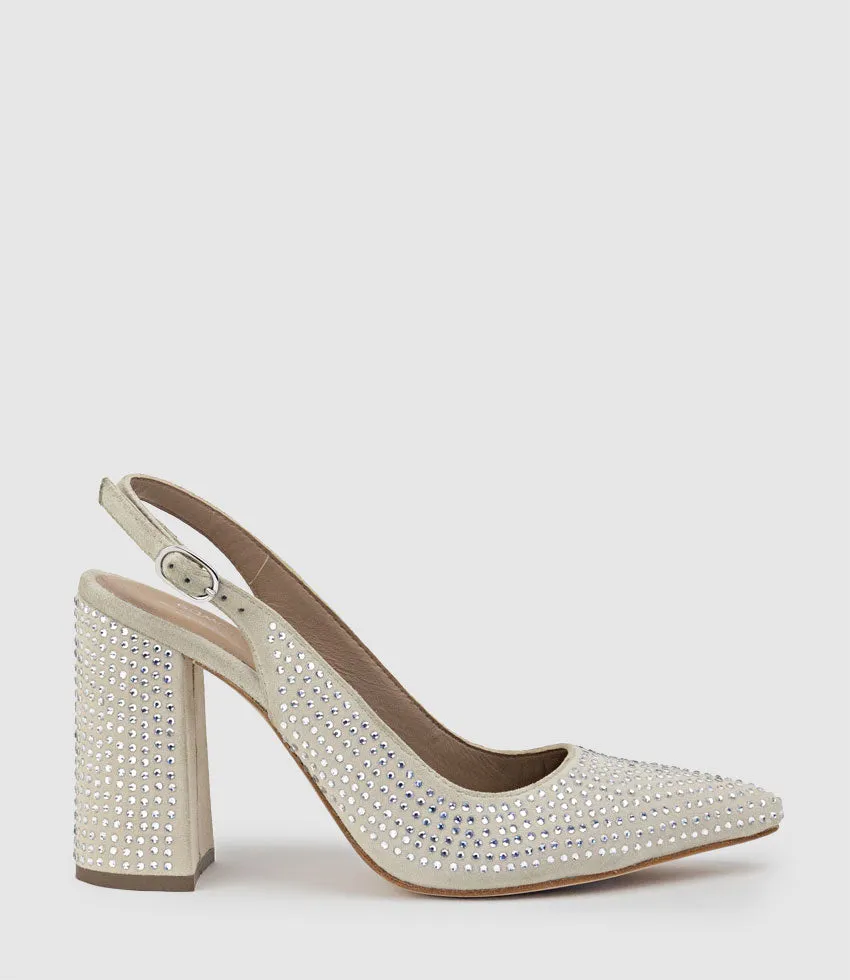 DEMI100 Crystal Slingback Pump in Offwhite Suede sold by Edward Meller