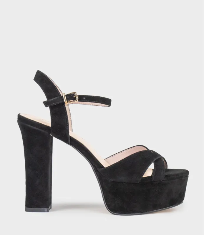 RAMONA125 Inverted Crossover Platform Sandal in Black Suede sold by Edward Meller