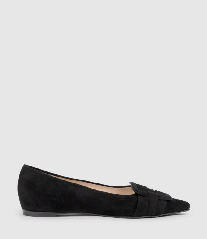 DESTRAFLAT Pointed Ballet with Buckle in Black Suede sold by Edward Meller