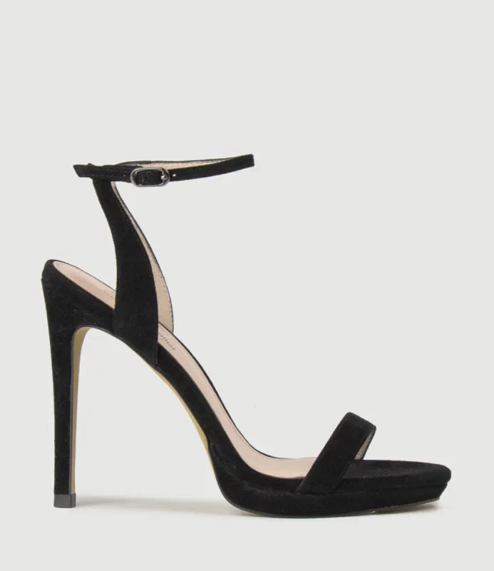 WHISPER110 Single Strap Platform Sandal in Black Suede sold by Edward Meller