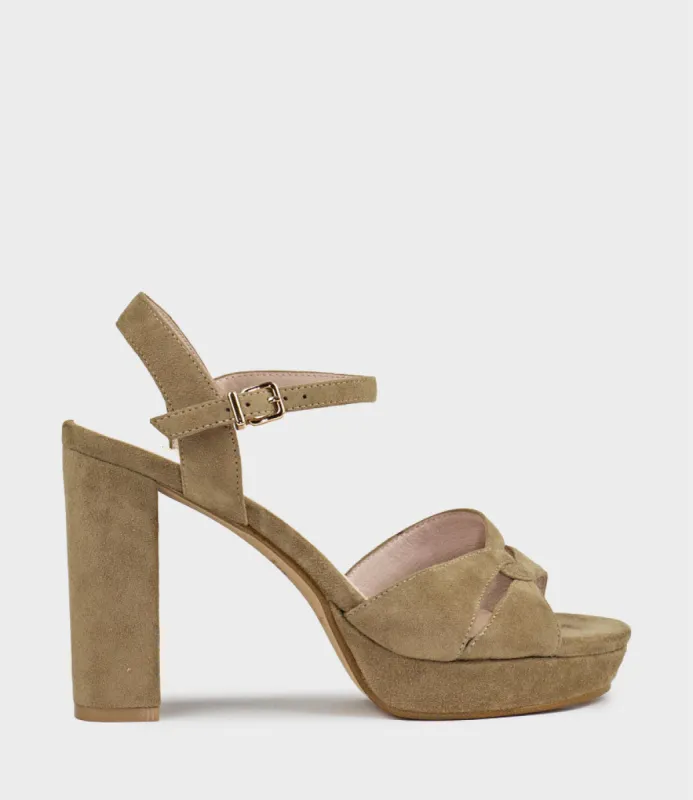 REGENT100 Interlocked Detail Platform Sandal in Camel Suede sold by Edward Meller
