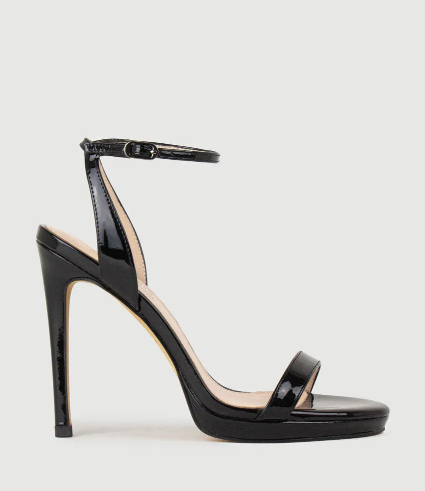 WHISPER110 Single Strap Platform Sandal in Black Patent sold by Edward Meller