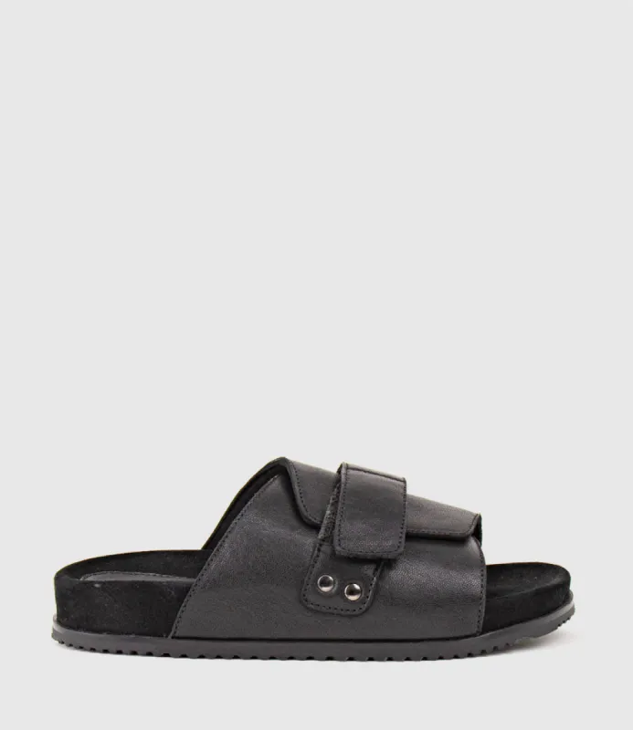 KALA Velcro Strap Slide on Footbed in Black sold by Edward Meller