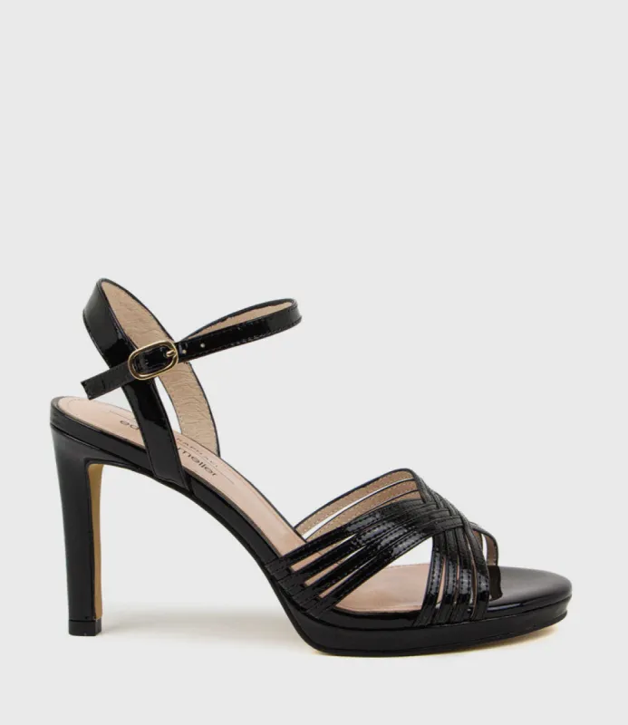 SONA90 Cross Strap Platform Sandal in Black Patent sold by Edward Meller