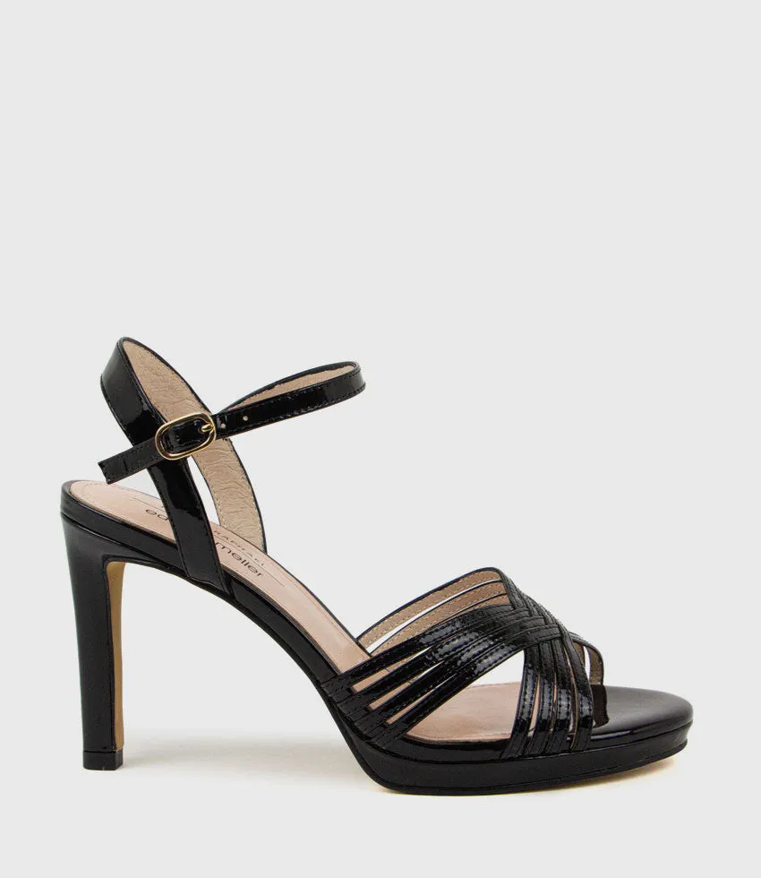 SONA90 Cross Strap Platform Sandal in Black Patent sold by Edward Meller