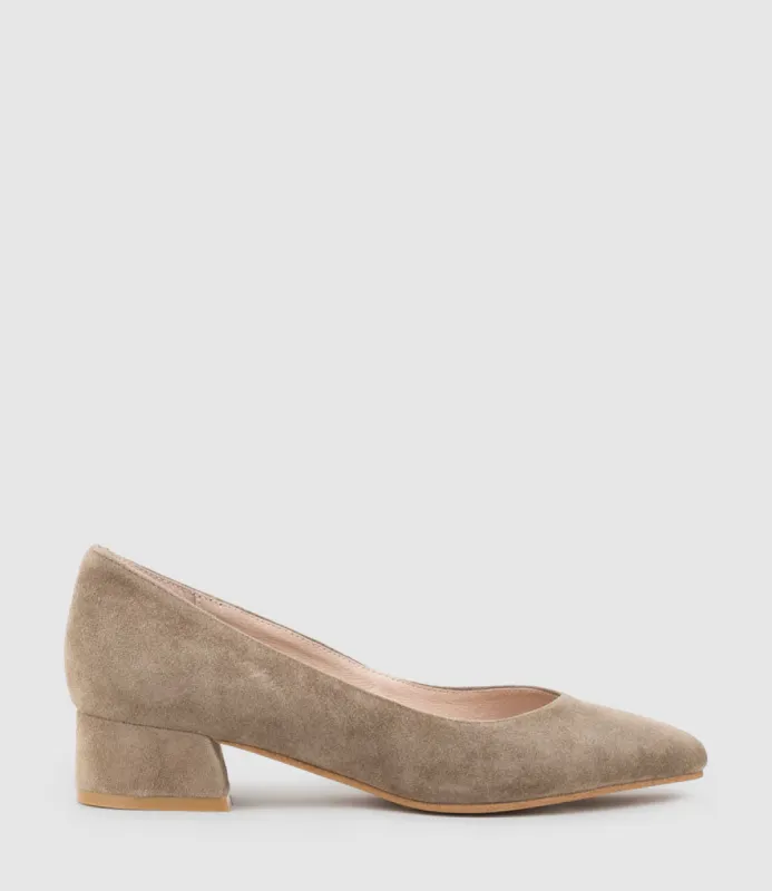 AUDREY35 Low Block Heel Pump in Latte Suede sold by Edward Meller