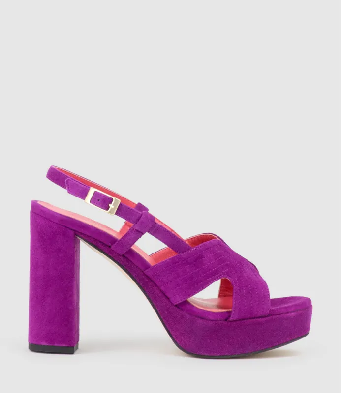 RASTINE115 Open Toe Platform Sandal in Magenta Suede sold by Edward Meller