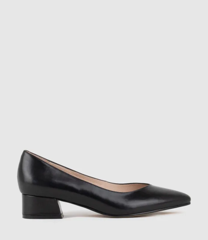 AUDREY35 Low Block Heel Pump in Black Calf sold by Edward Meller