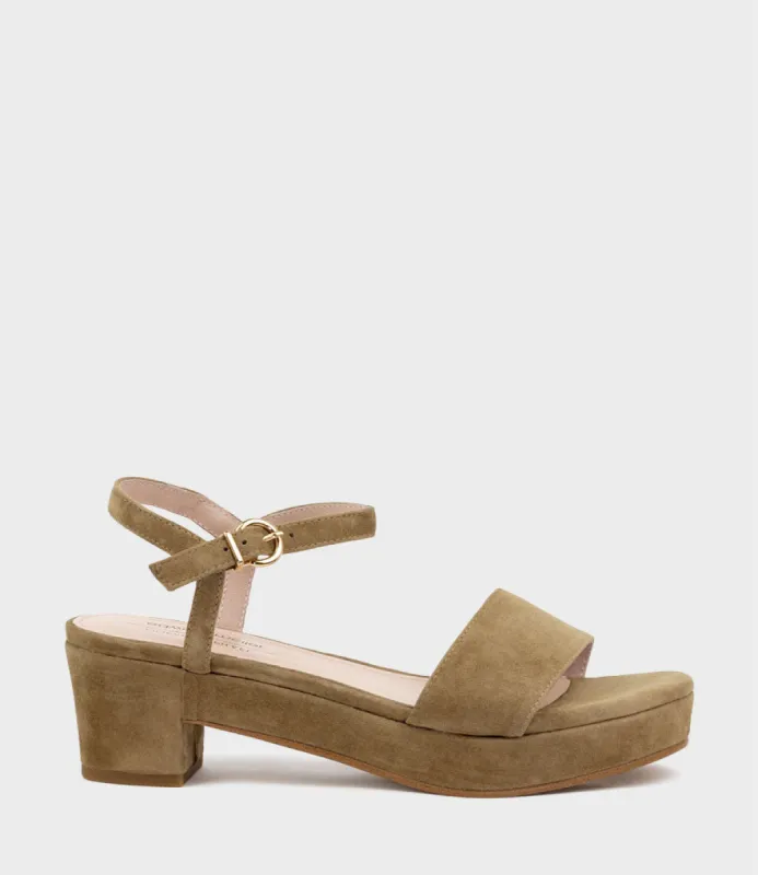 RALIN50 Two Strap Sandal on Self Covered Unit in Camel Suede sold by Edward Meller