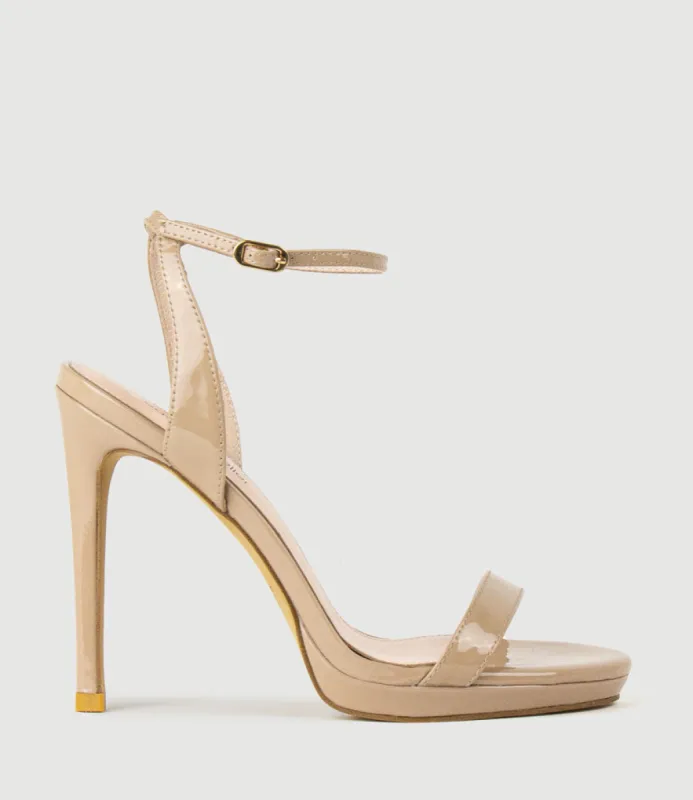 WHISPER110 Single Strap Platform Sandal in Nude Patent sold by Edward Meller