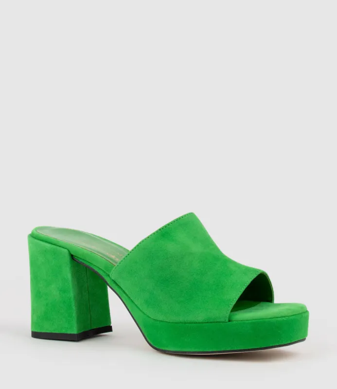 TILLA90 Platform Slide in Green Suede sold by Edward Meller