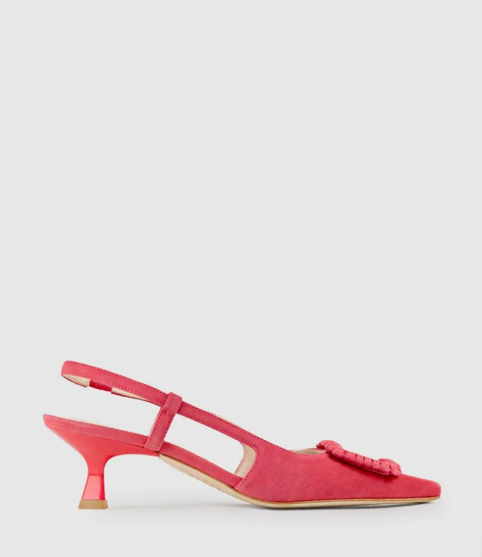 DEMETER60 Slingback with Ornament in Watermelon Suede sold by Edward Meller