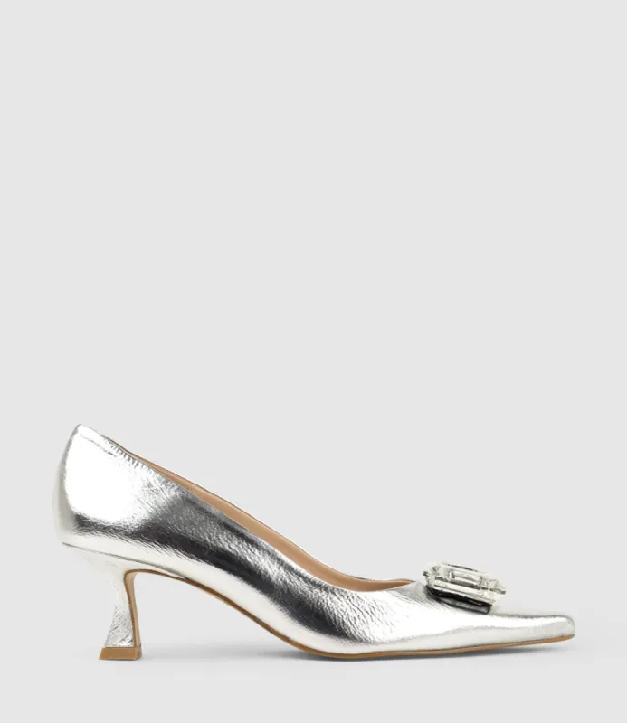 ARTIFICE60 Pump with Crystal Ornament in Silver Crinkle Patent sold by Edward Meller