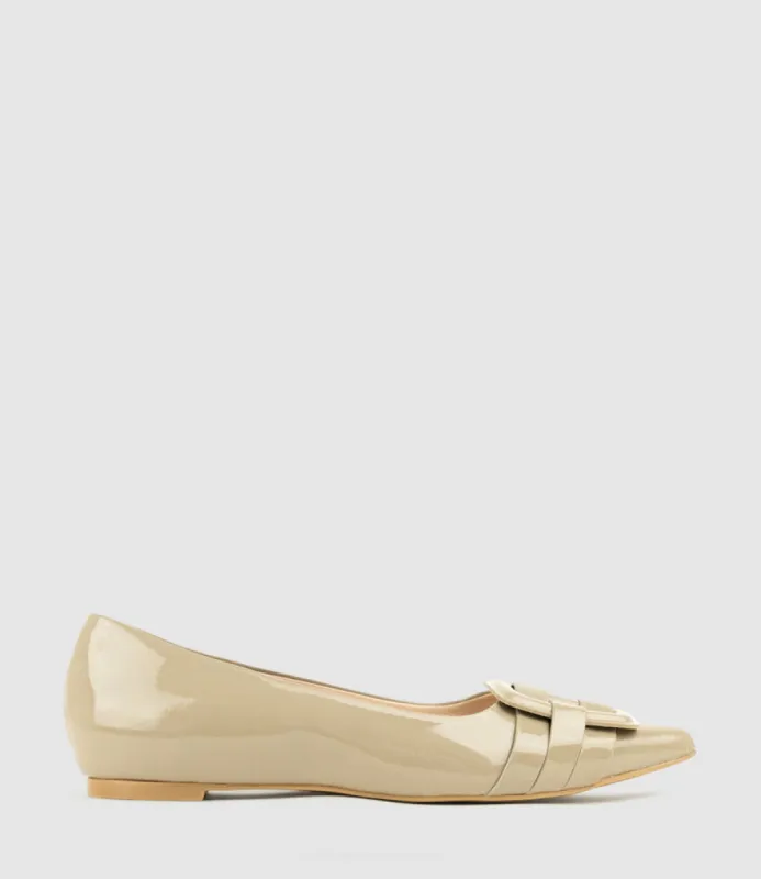 DESTRAFLAT Pointed Ballet with Buckle in Taupe Patent sold by Edward Meller