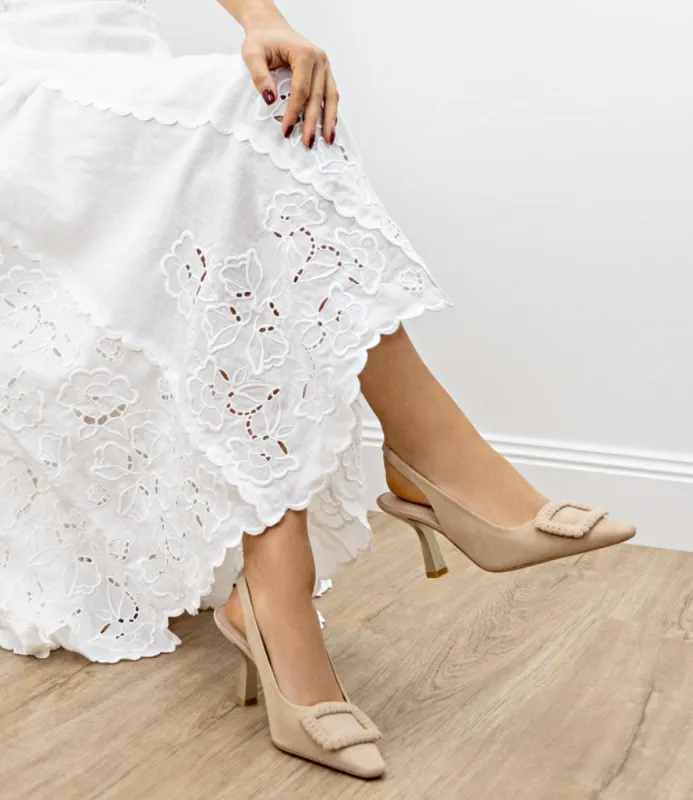 DELANEY80 Slingback with Ornament in Camel Suede sold by Edward Meller