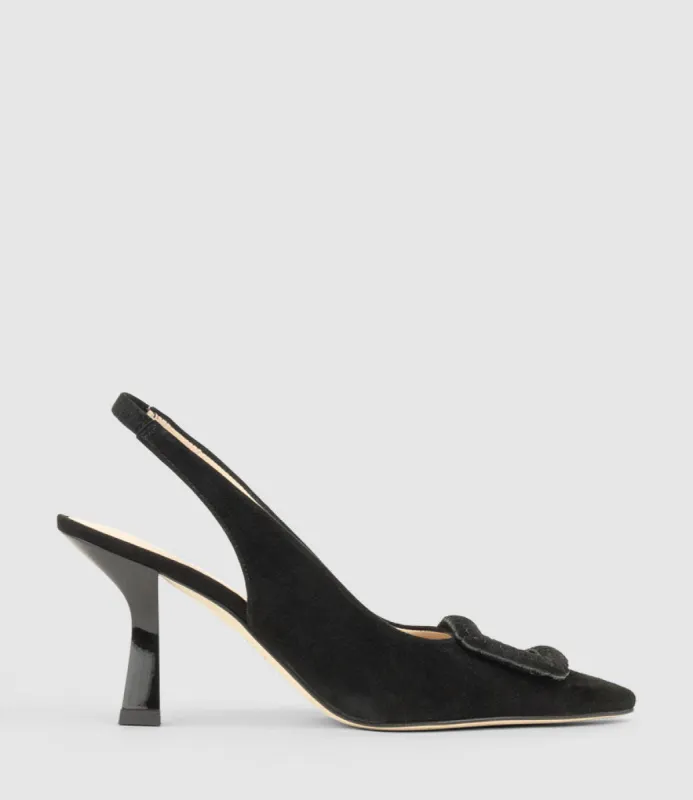 DELANEY80 Slingback with Ornament in Black Suede sold by Edward Meller