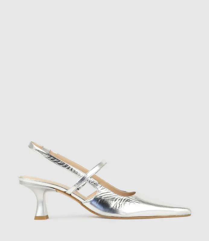 DEON70 Slingback with Strap in Silver Crinkle Patent sold by Edward Meller