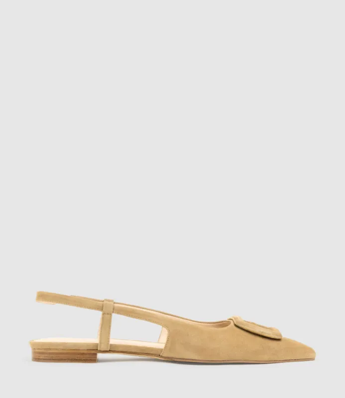 DESLING Flat Slingback with Ornament in Tan Suede sold by Edward Meller
