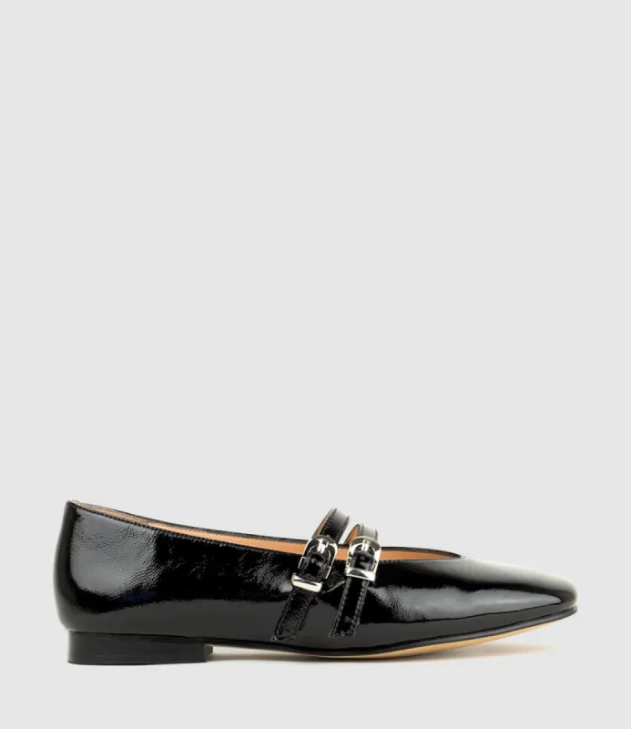 FILLY Double Buckle Ballet in Black Crinkle Patent sold by Edward Meller