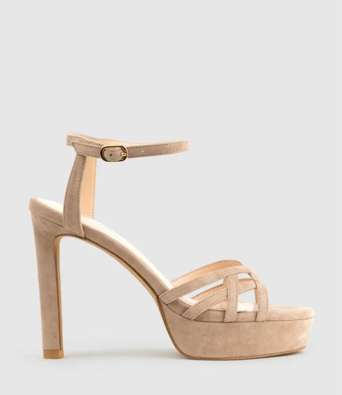 SAMI110 Lattice Front Platform Sandal in Nude Suede sold by Edward Meller