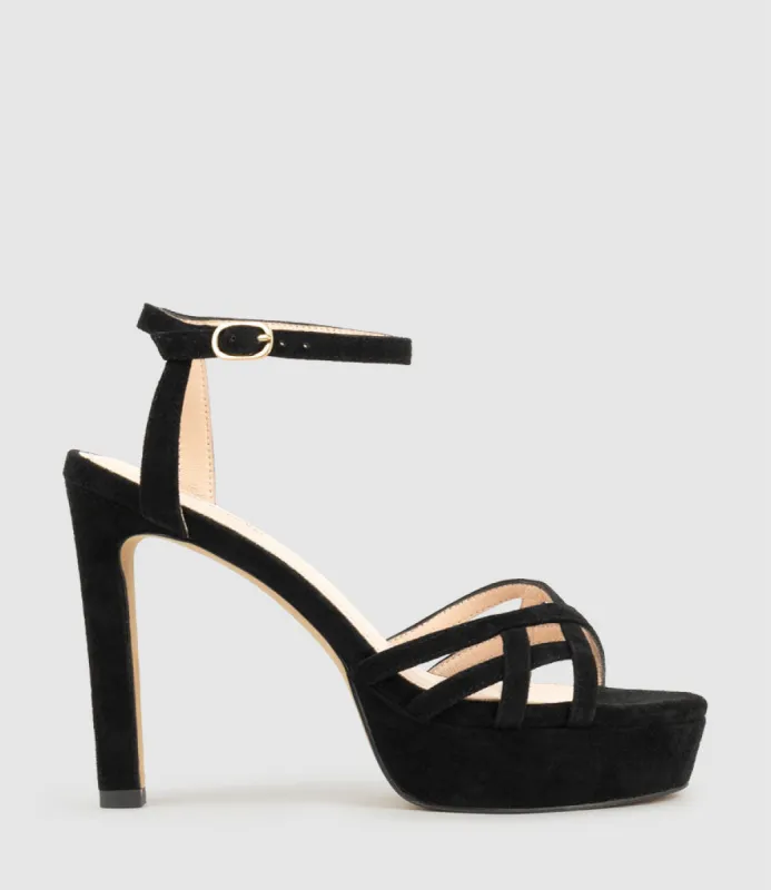SAMI110 Lattice Front Platform Sandal in Black Suede sold by Edward Meller
