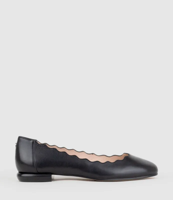 FARA Scalloped Ballet Flat in Black Calf sold by Edward Meller
