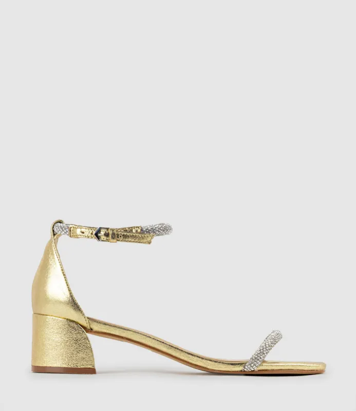 STELLAR50 Crystal Strappy Sandal in Gold sold by Edward Meller