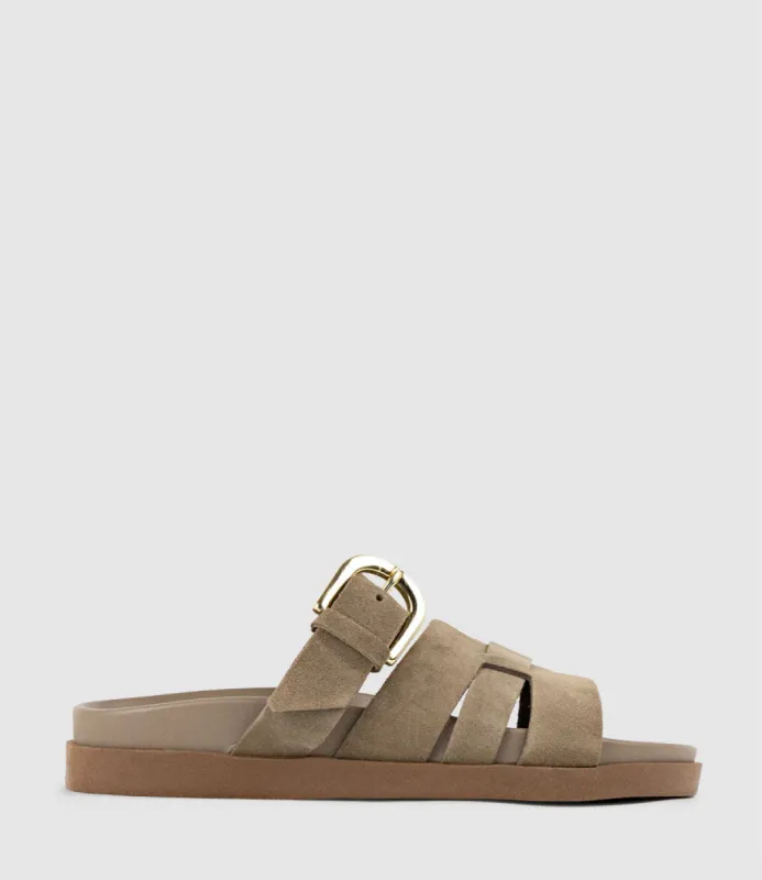 KINSLEY Slide on Footbed in Brown Suede sold by Edward Meller