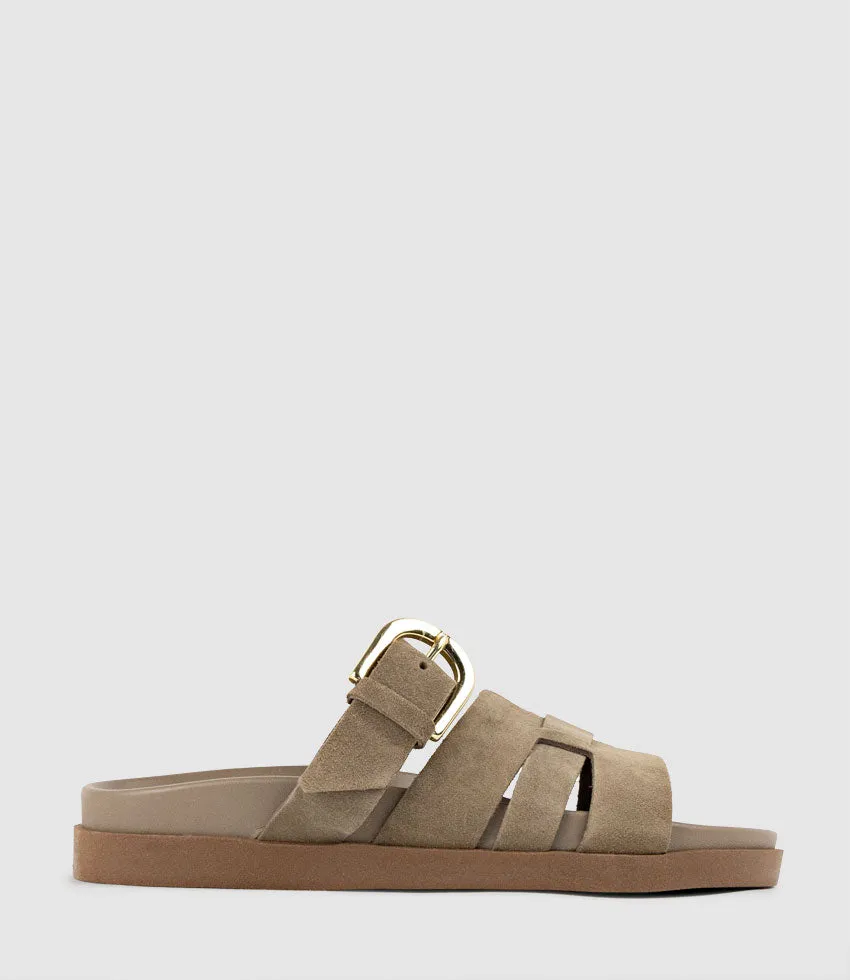 KINSLEY Slide on Footbed in Brown Suede sold by Edward Meller