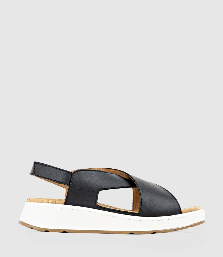 LORAINE Crossover Comfort Sandal in Black sold by Edward Meller