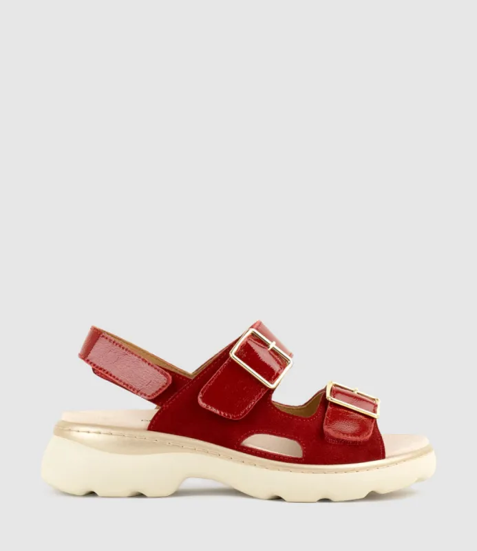 LANETTE Two Strap Comfort Sandal in Cherry Suede sold by Edward Meller