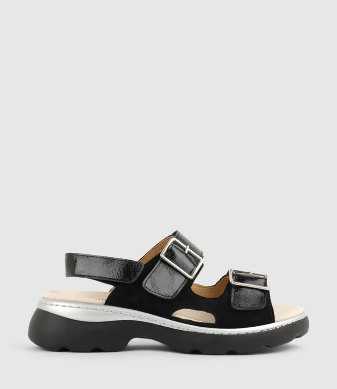 LANETTE Two Strap Comfort Sandal in Black Suede sold by Edward Meller