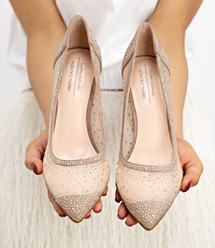AZRA85 Crystal Mesh Pump in Nude Suede sold by Edward Meller