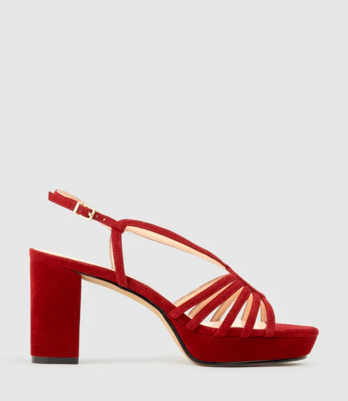 RYLEE80 Strappy Platform Sandal in Cherry Suede sold by Edward Meller