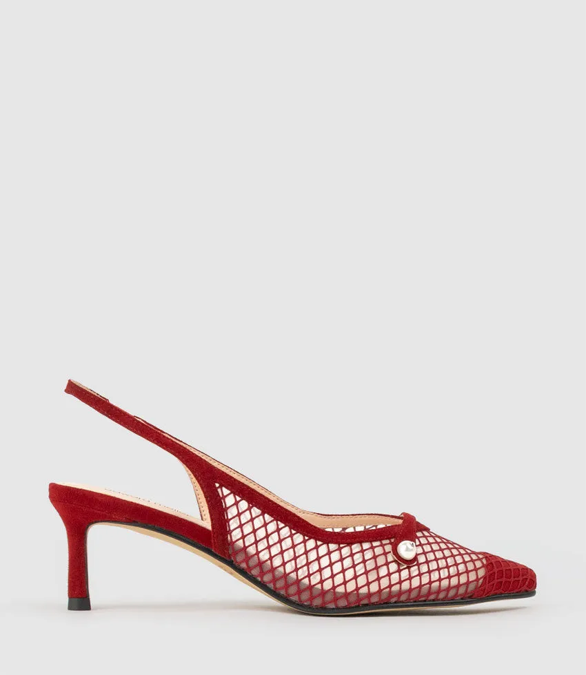 DAWN55 Mesh Slingback with Strap in Cherry Suede sold by Edward Meller