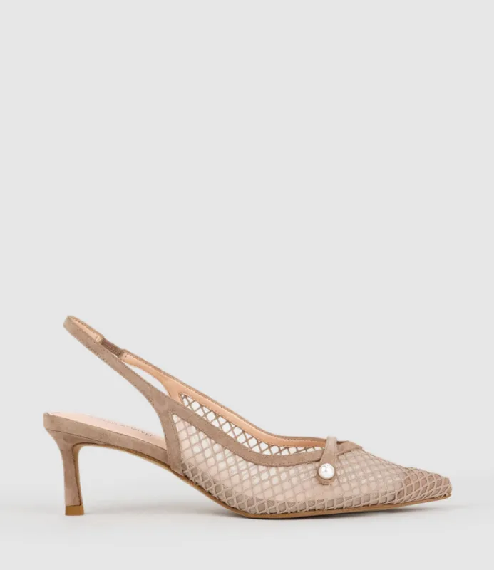 DAWN55 Mesh Slingback with Strap in Nude Suede sold by Edward Meller
