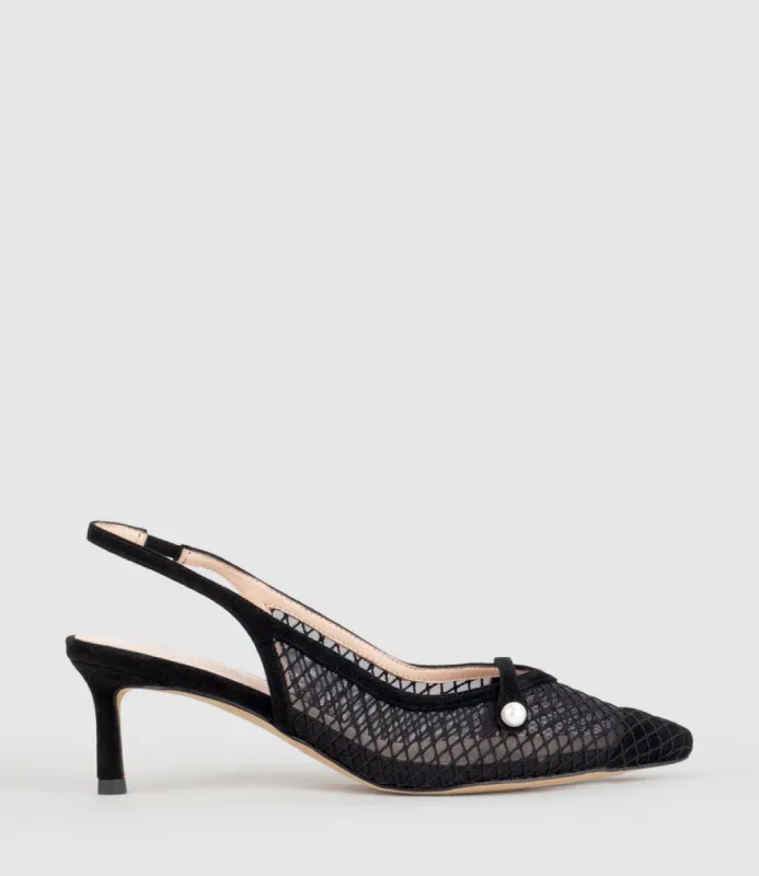 DAWN55 Mesh Slingback with Strap in Black Suede sold by Edward Meller