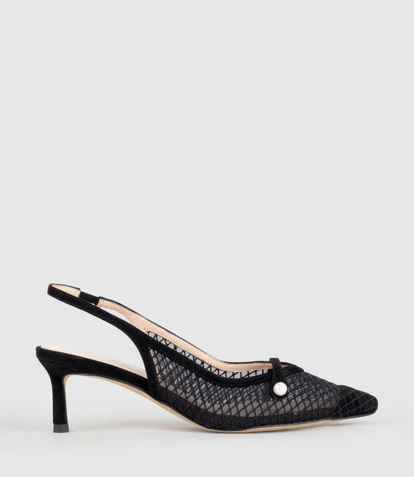 DAWN55 Mesh Slingback with Strap in Black Suede sold by Edward Meller