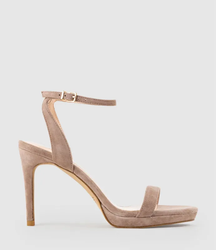 WHISPER90 Single Strap Platform Sandal in Nude Suede sold by Edward Meller