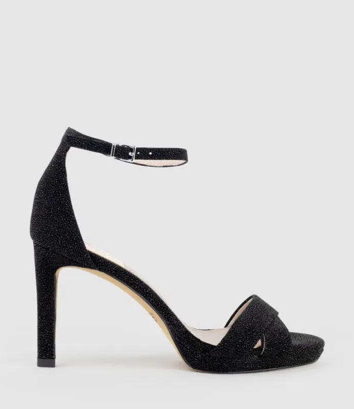 SANTO90 Asymmetrical Platform Sandal in Black Speckle sold by Edward Meller